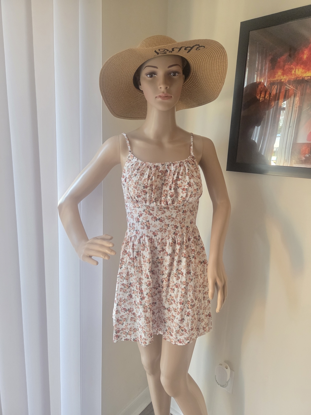 Floral Spaghetti-Strap Romper in Cream and Rust